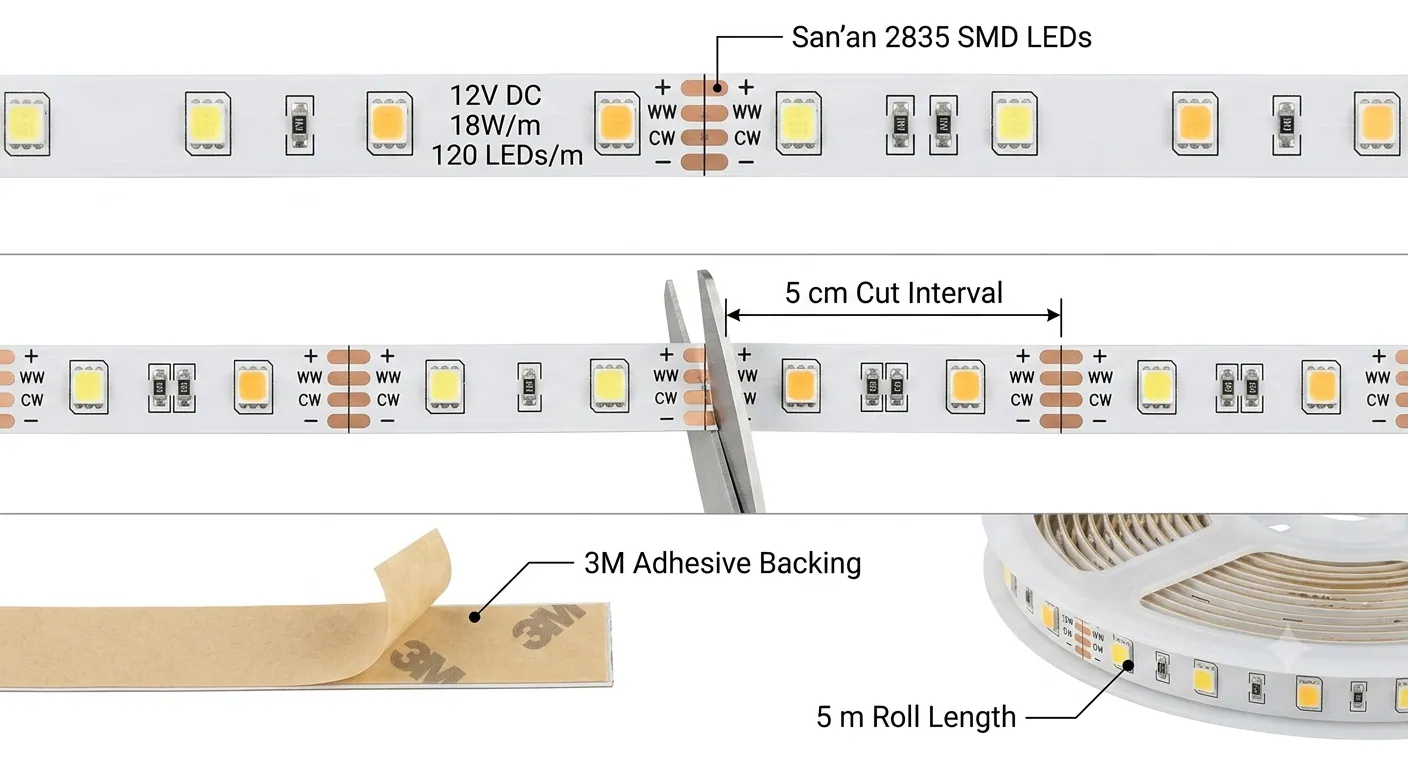 Instalace LED pásku CCT 18W 12V — dělitelnost po 5cm, 3M samolepicí páska, návin 5m
